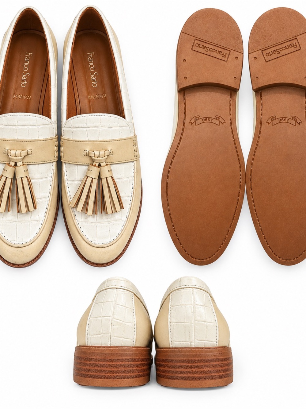 Franco Sarto Womens Cream & Tan Tassel Loafers NWOT